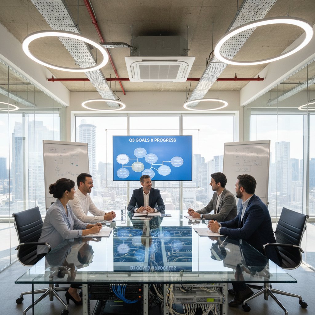 Zespół omawiający wyniki na tle otwartej przestrzeni biurowej, pozytywna atmosfera