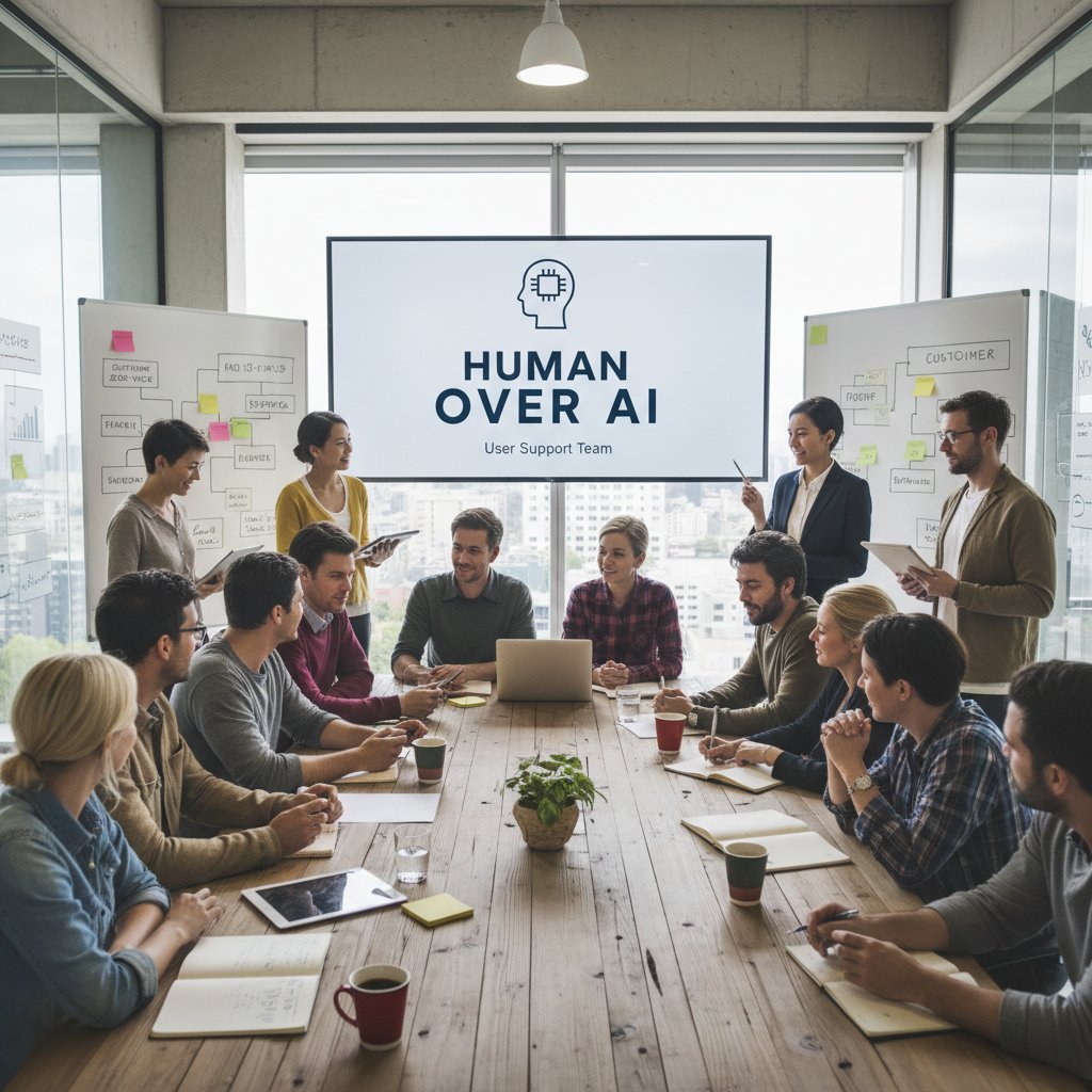 Spotkanie zespołu wsparcia rozwiązuje trudny problem użytkownika – granice działania AI w onboardingu