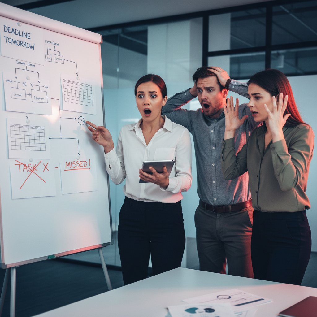 Team member with alarmed expression noticing a missed detail in coordination