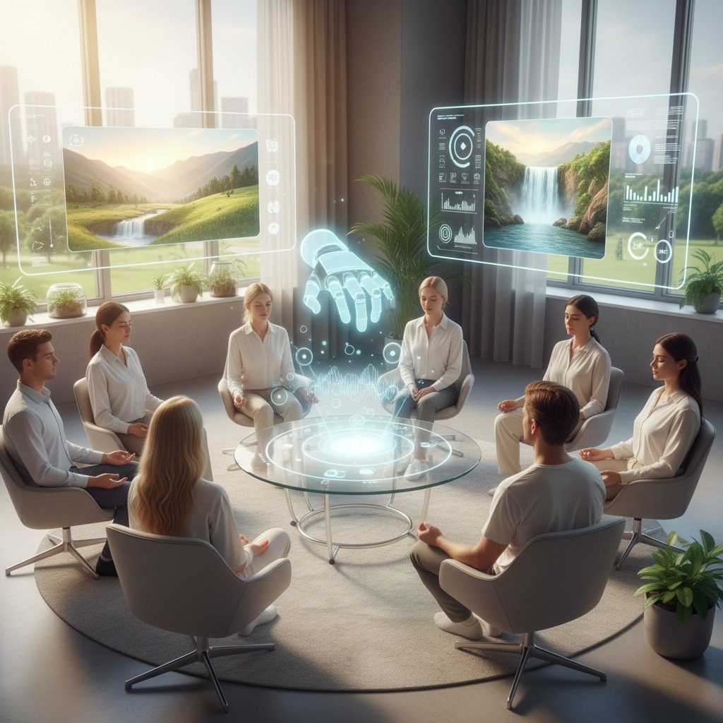 Zespół podczas wspólnej praktyki mindfulness wspomaganej przez AI, relaksująca atmosfera