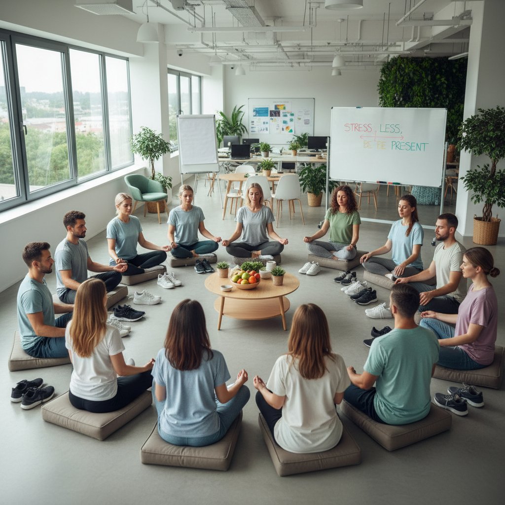 Team bei Achtsamkeitstraining im Büro, Fokus auf Stressbewältigung