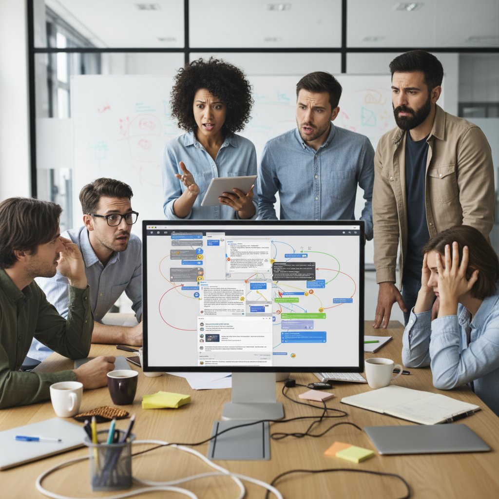 Zespół popełniający błąd w komunikacji online, zdezorientowane miny