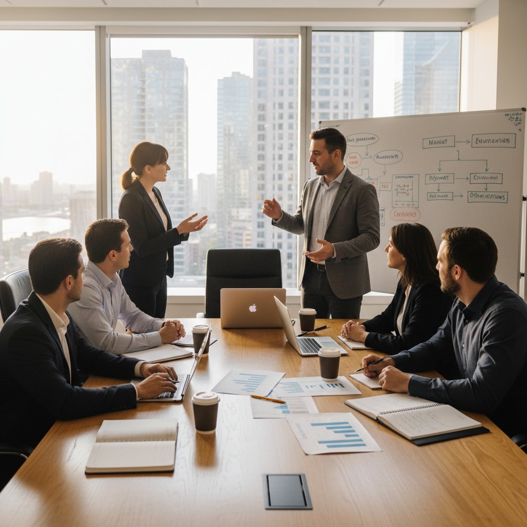 Zespół doradców pracujący razem nad strategią firmy, frazy kluczowe: doradztwo strategiczne, inwestycyjne, operacyjne