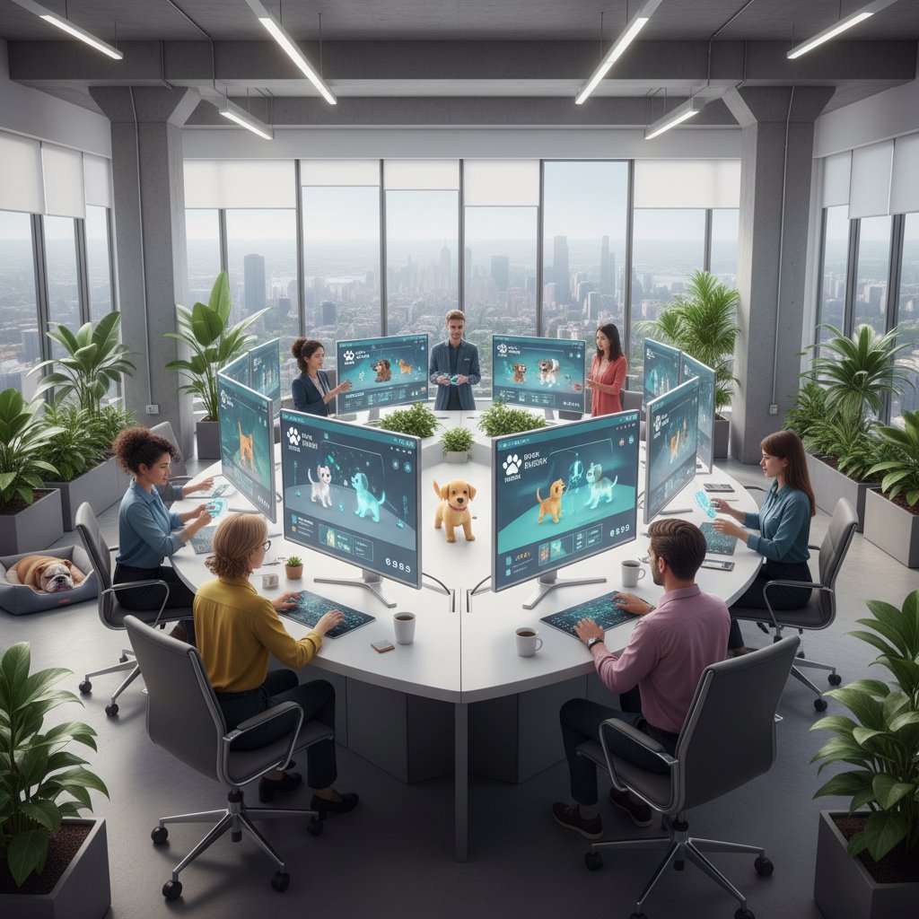 Zespół projektantów pracujących przy komputerach nad wyglądem aplikacji z wirtualnym psem, nowoczesne biuro