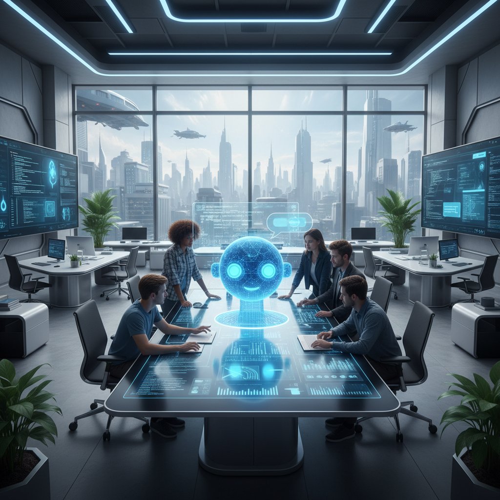 Zespół programistów pracujących nad zaawansowanym chatbotem AI w nowoczesnym biurze