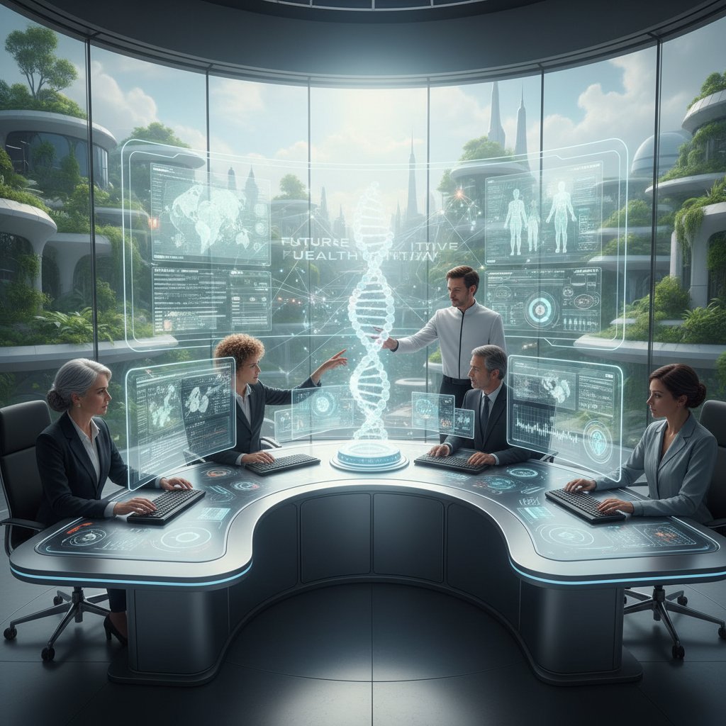 Zespół ekspertów analizuje dane na monitorach, nowoczesne biuro, atmosfera skupienia nad zdrowiem przyszłości