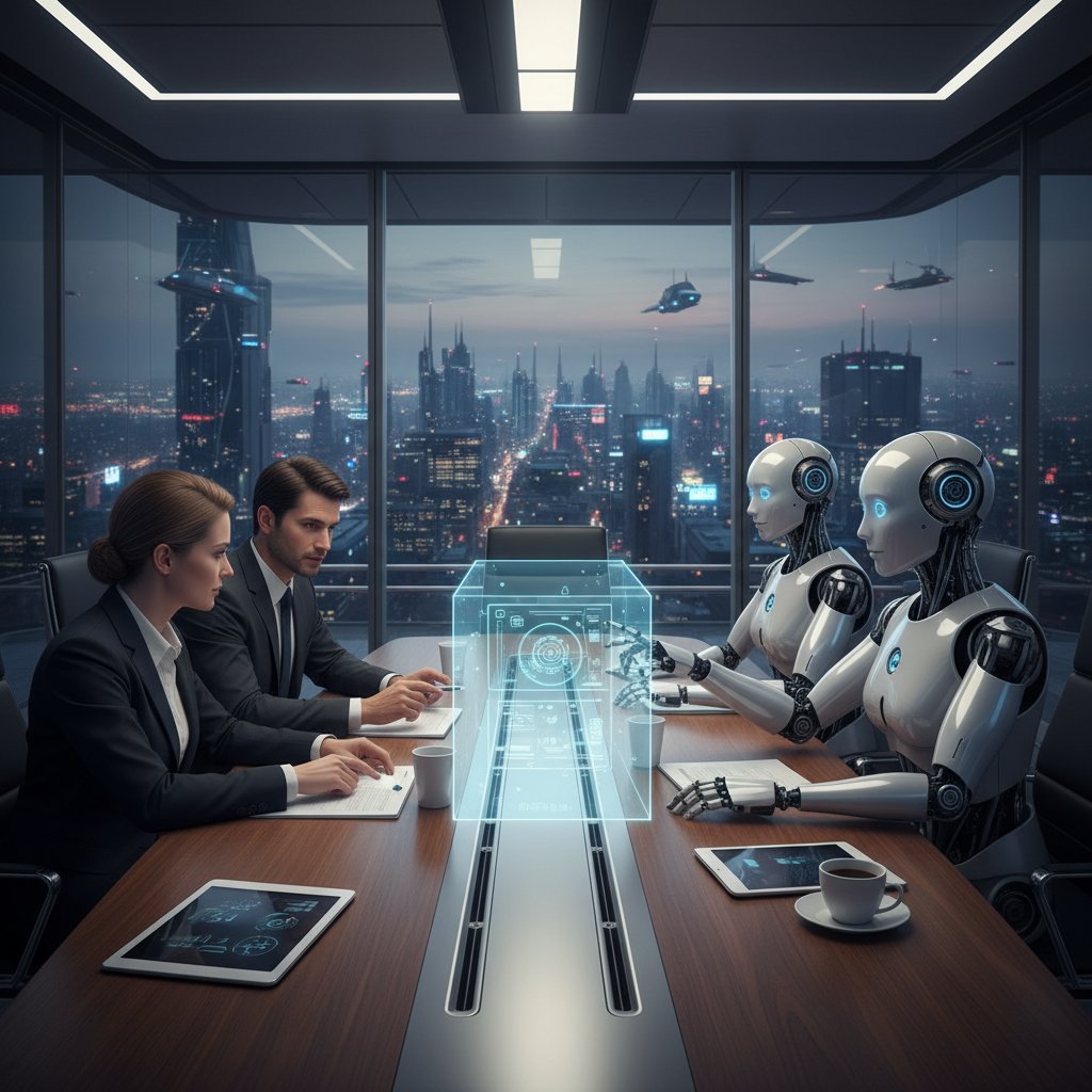 Zespół ludzi i robotów pracujących razem przy nowoczesnym stole konferencyjnym