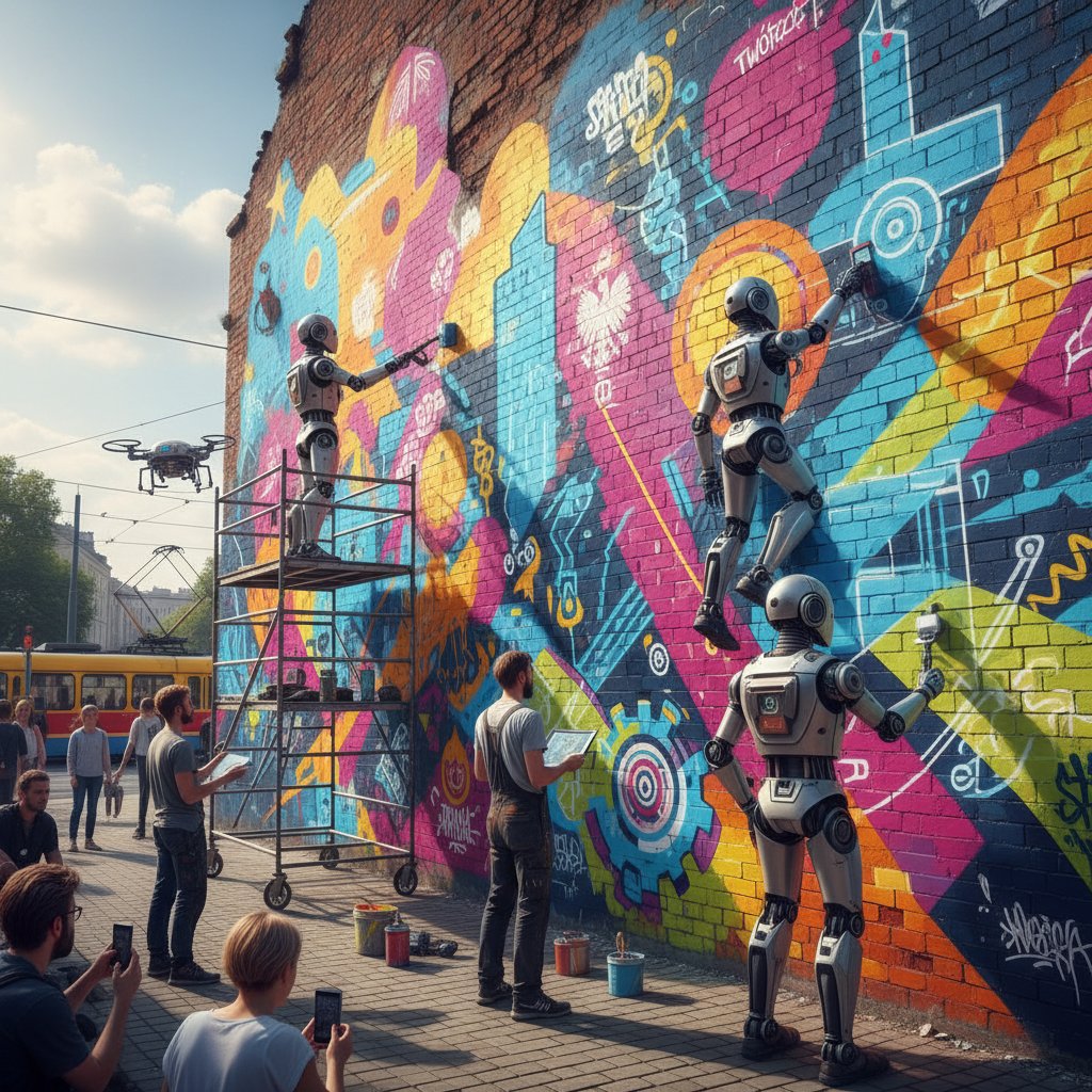 Ludzie i roboty malujący mural w Warszawie – współpraca człowiek-AI, kreatywność
