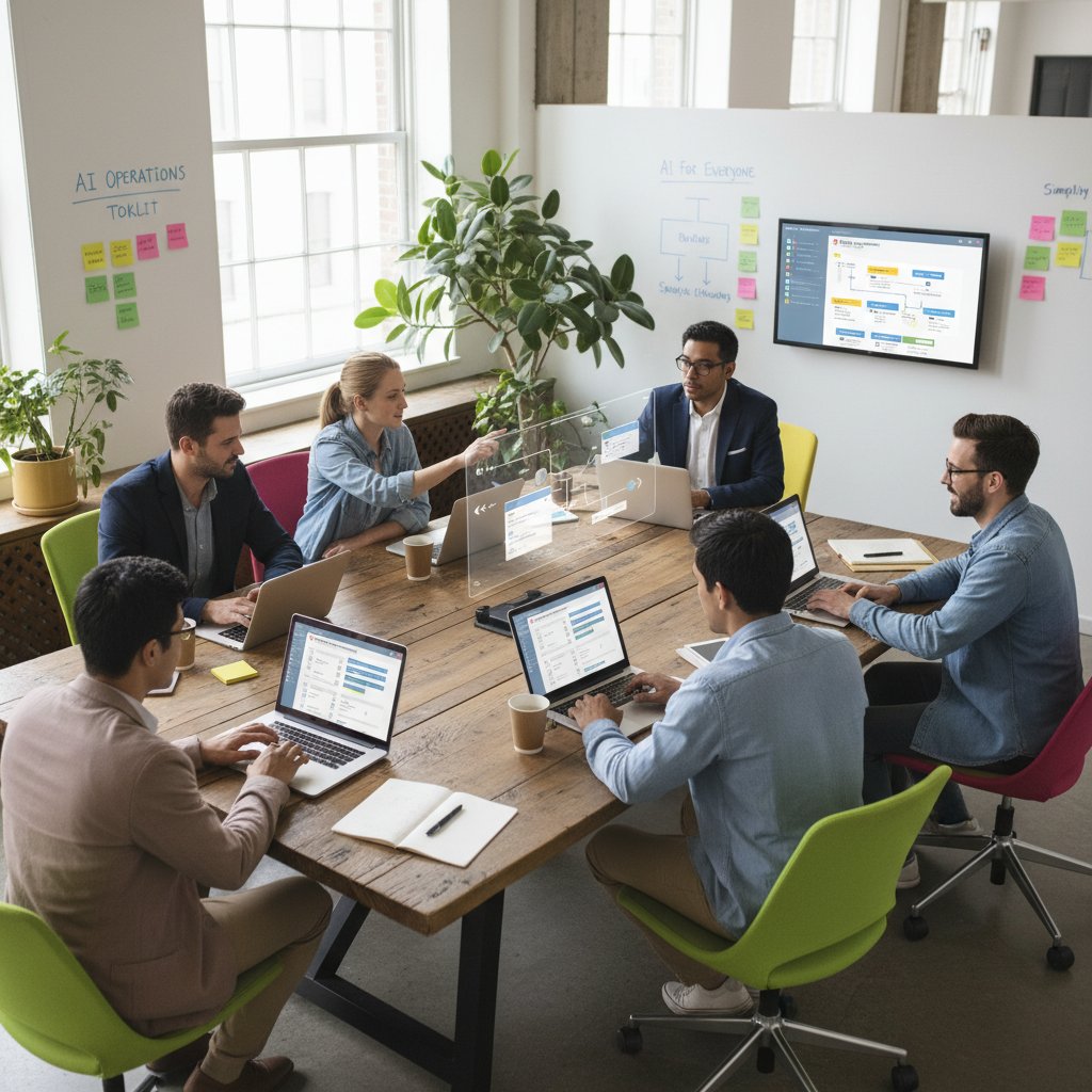 Team of non-technical employees using AI toolkit on laptops in a collaborative workspace, achieving streamlined operations