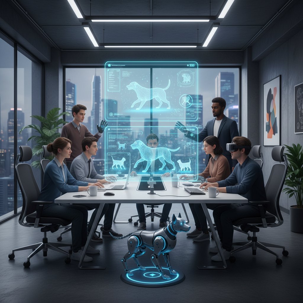 Zespół programistów analizujący wykresy zachowań AI w symulatorze psa, nowoczesne biuro