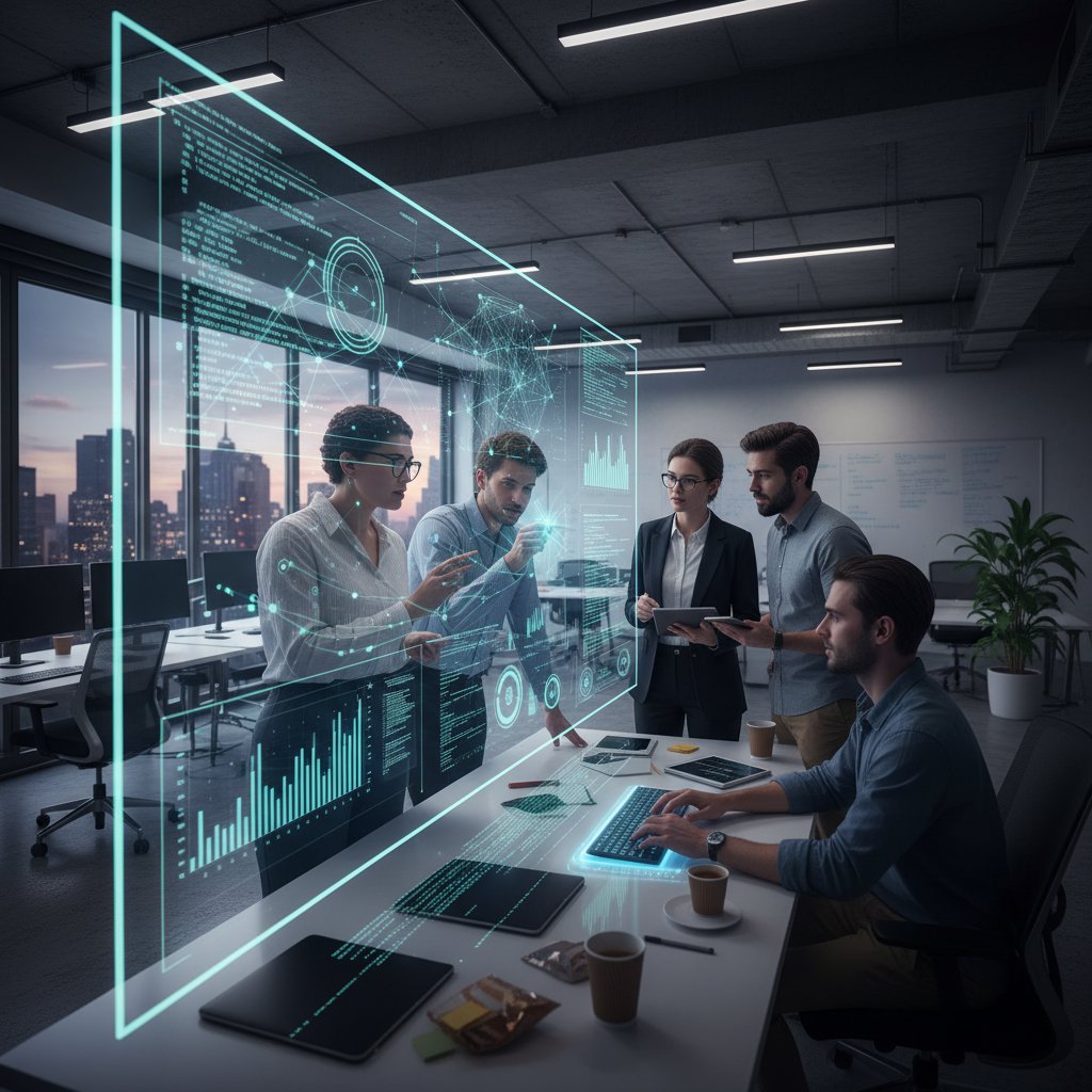 Zespół programistów analizujący trendy AI w nowoczesnym biurze