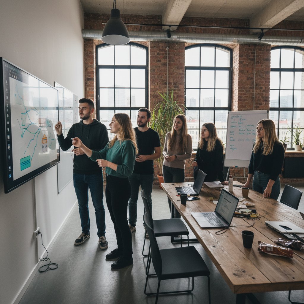 Zespół młodych polskich twórców przy tablicy z cyfrowymi szkicami postaci, burza mózgów przy projektowaniu bohaterów do gry