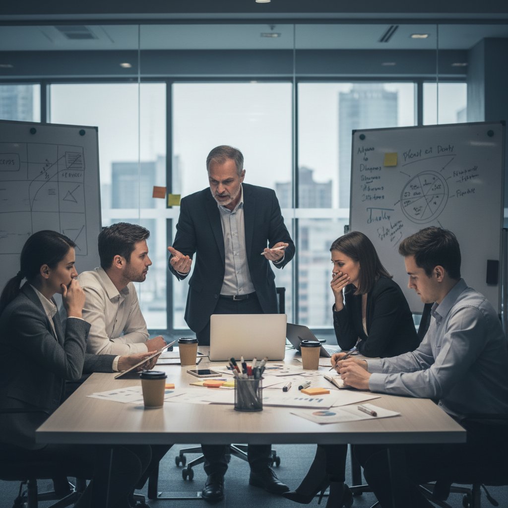 Zespół współpracujący w biurze, atmosfera napięcia i wsparcia – współregulacja w pracy