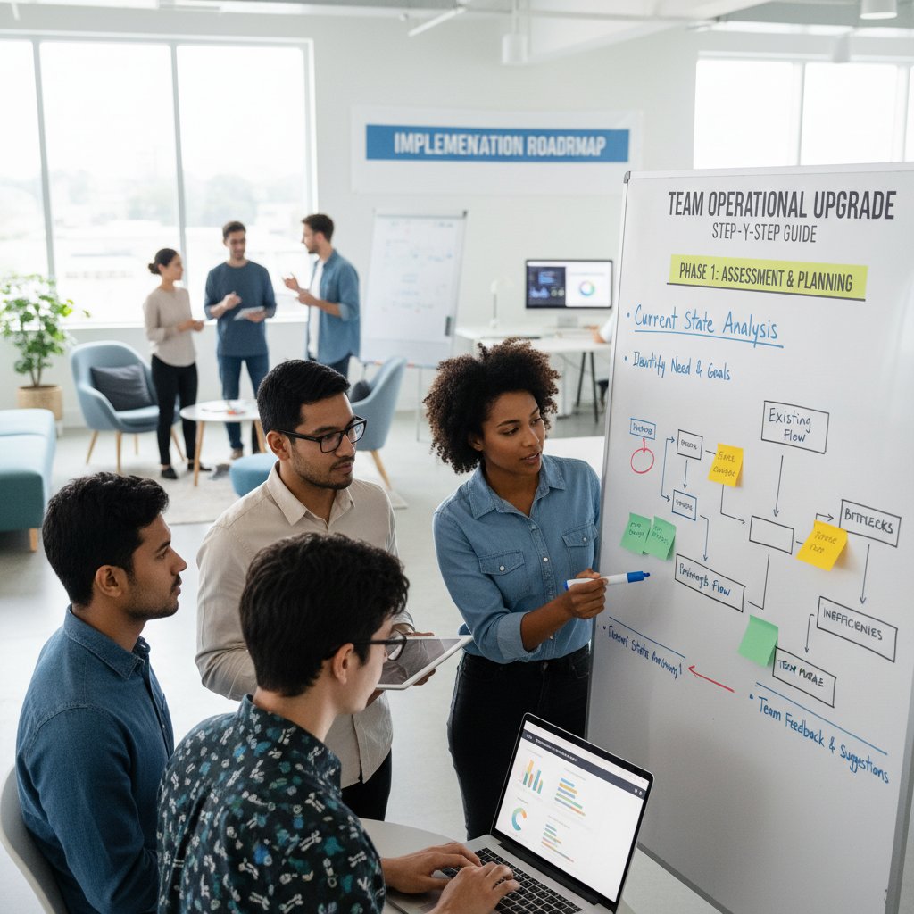 Team following operational upgrade step-by-step guide, implementation in action