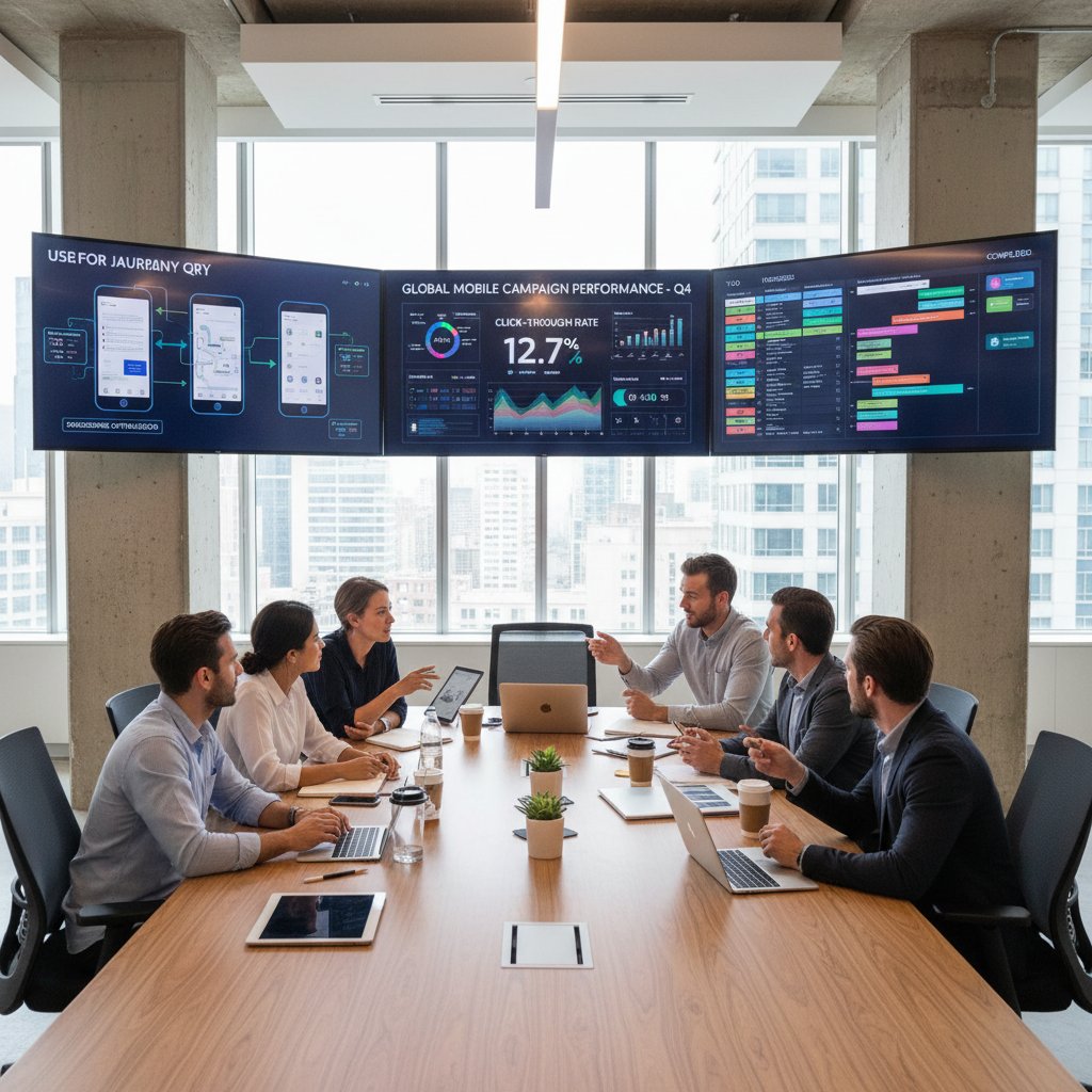 Zespół planujący analizę kampanii mobilnych przy cyfrowych tablicach