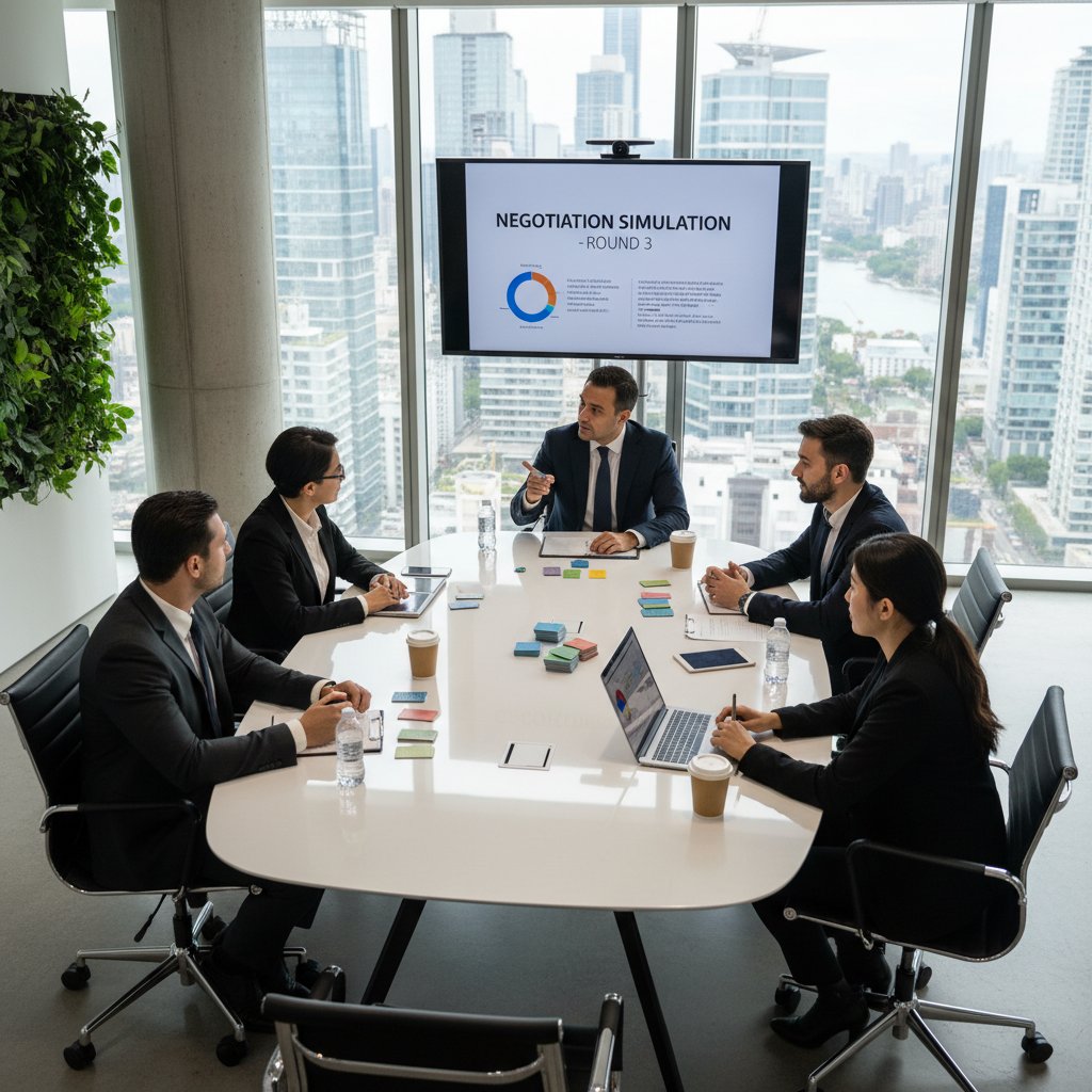 Zespół grający w grę negocjacyjną w nowoczesnym biurze