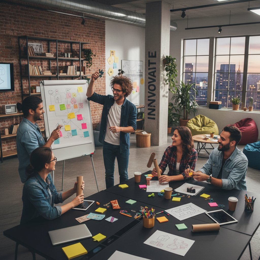 Zespół startupowy podczas kreatywnej gry zespołowej, dynamiczna scena zabawy i współpracy w biurze