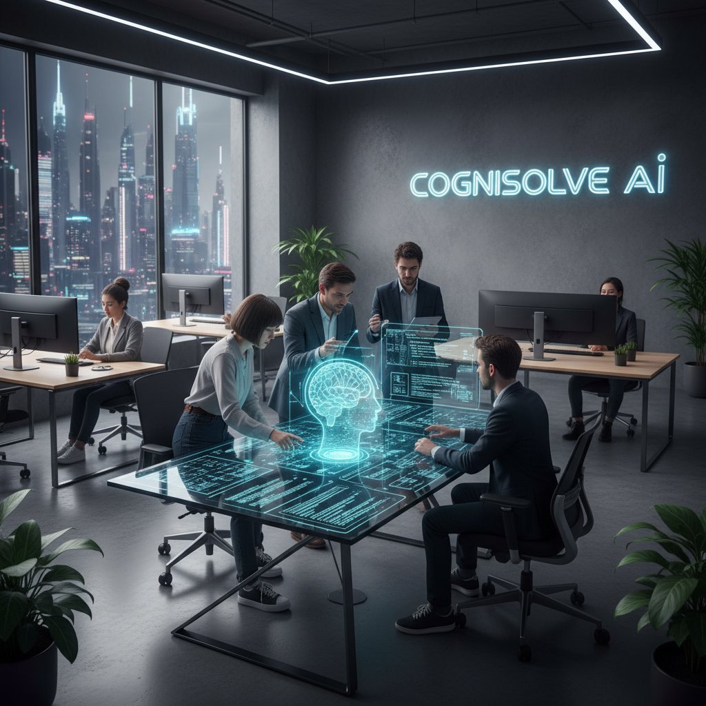 Zespół programistów korzystających z AI w nowoczesnym biurze gamedev