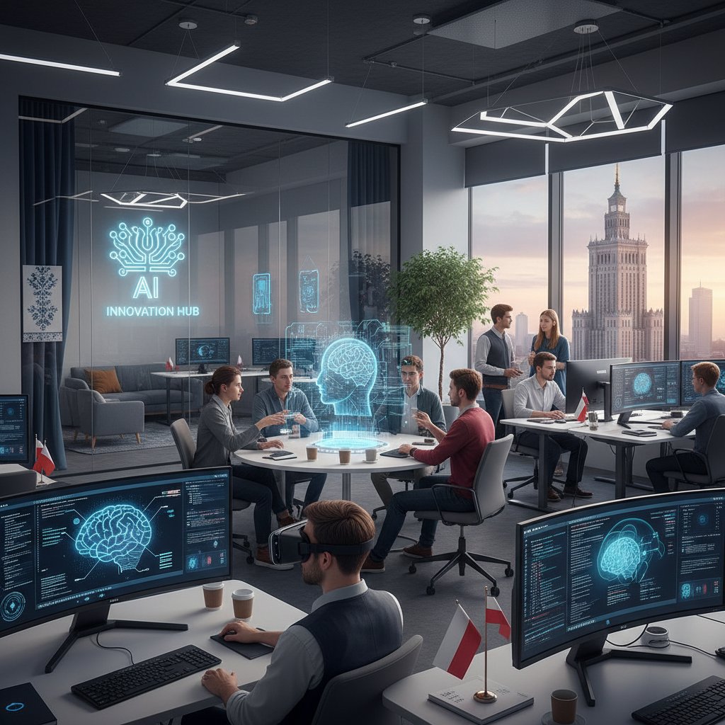 Zdjęcie zespołu młodych programistów pracujących w nowoczesnym biurze – symbol polskiej innowacji w AI