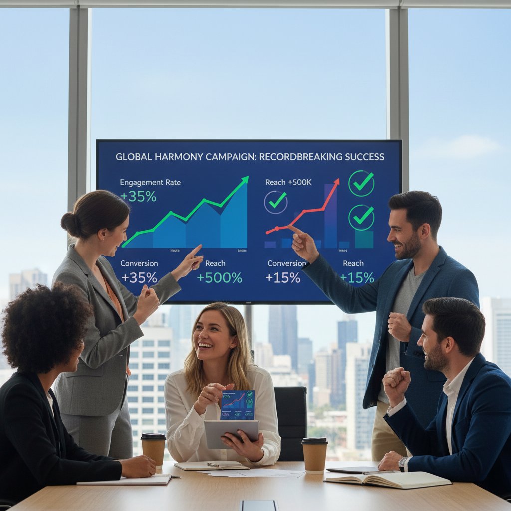 Zespół analizujący statystyki po udanej kampanii social media