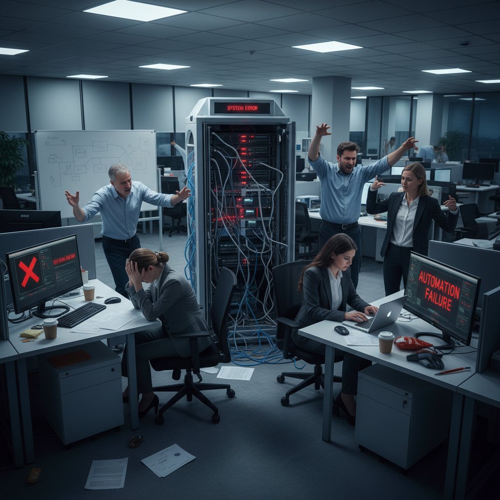 Stresująca scena w biurze projektowym, nerwowy zespół przy komputerach, widoczne błędy w wyświetlanych projektach na monitorach