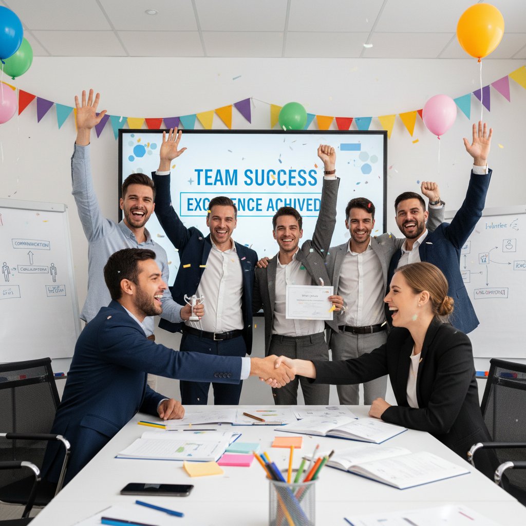 Zespół świętujący sukces po efektywnym treningu umiejętności interpersonalnych