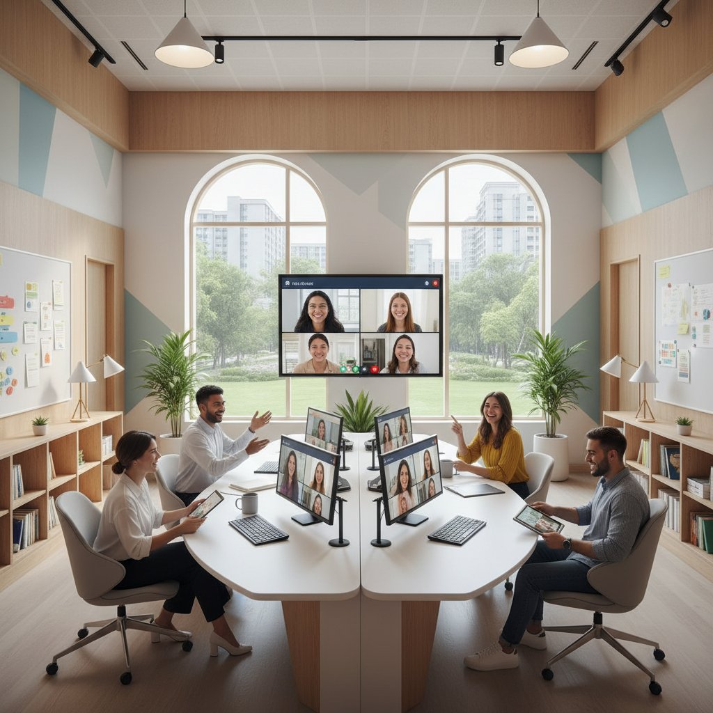 Zespół ludzi rozmawiających online, biuro, nowoczesna szkoła, pozytywna atmosfera