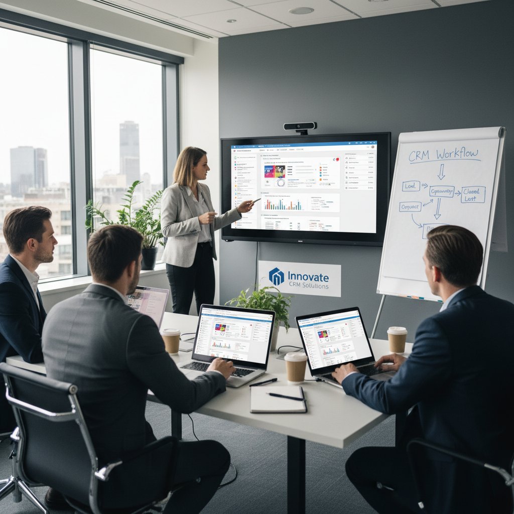 Zespół szkolący się z obsługi nowego systemu CRM, flipchart, komputery