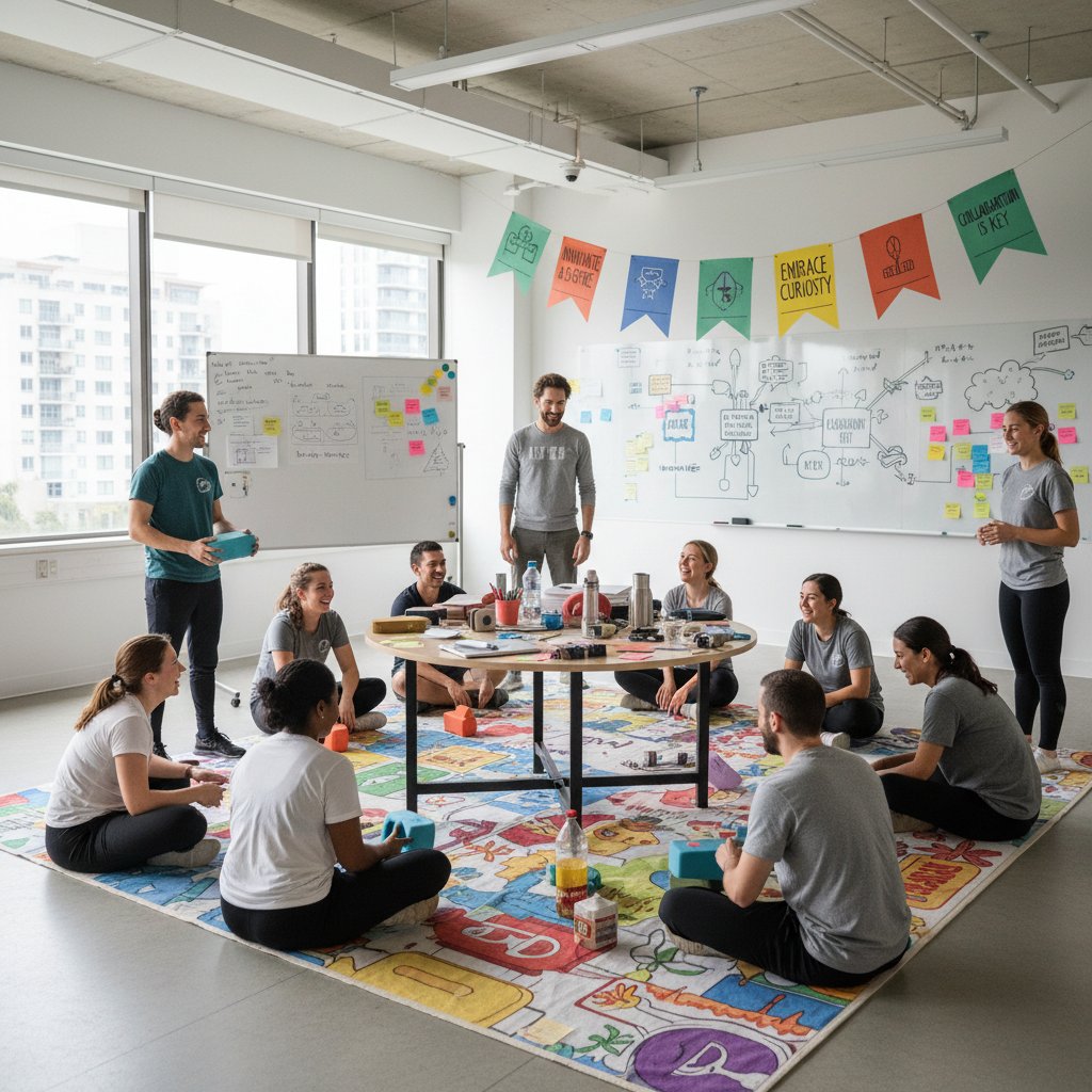 Zespół podczas szkolenia z kreatywności, słowa kluczowe: kultura organizacyjna, kreatywność, szkolenia