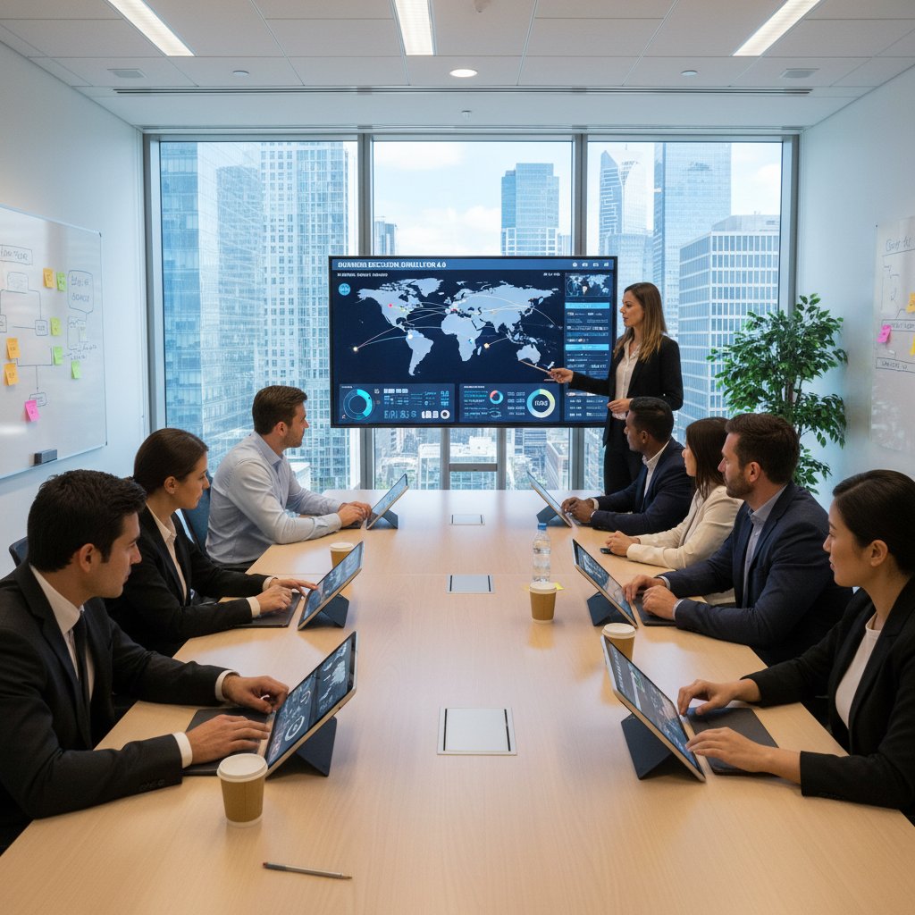 Szkolenie zespołu z obsługi symulatora decyzji strategicznych, nowoczesna sala konferencyjna