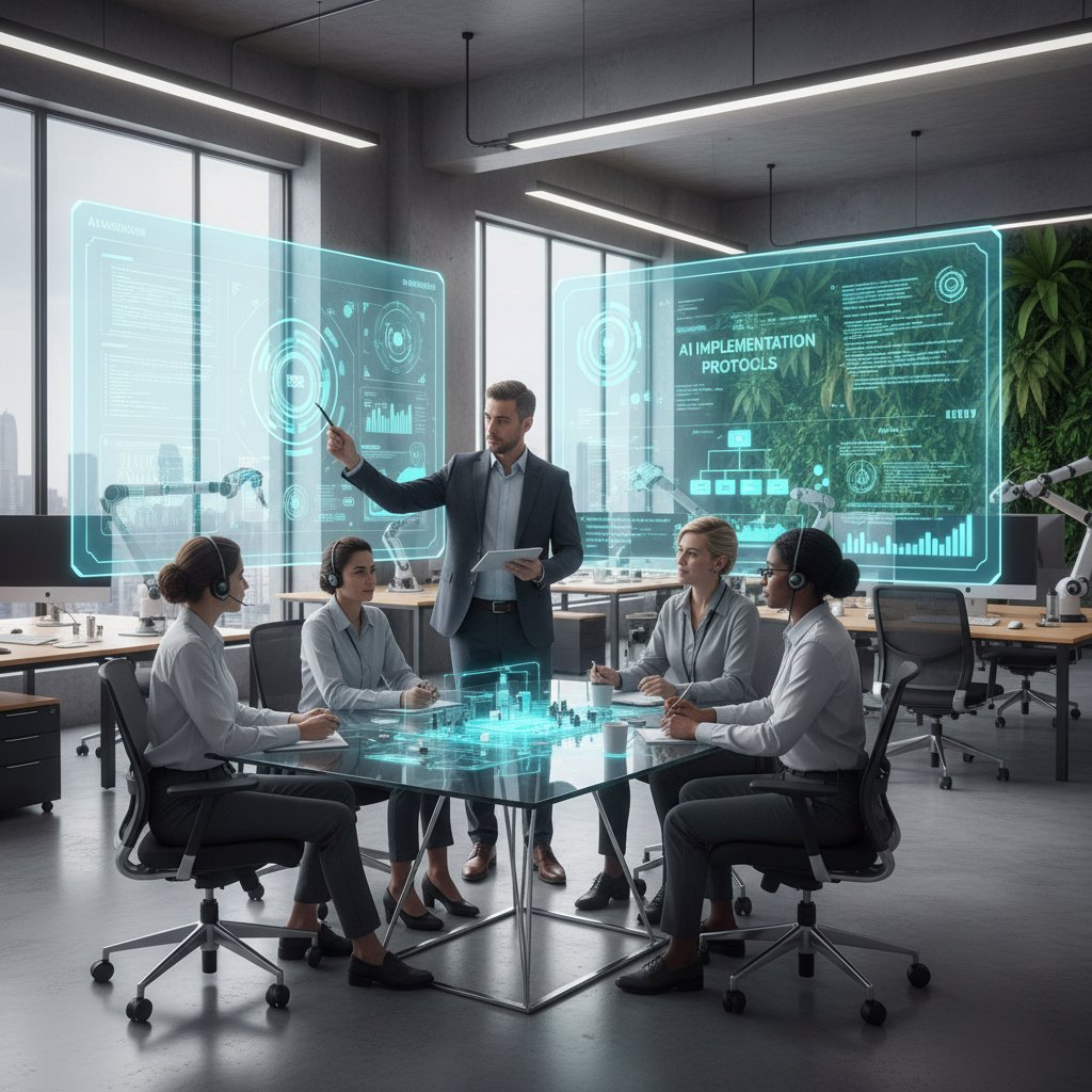 Szkolenie zespołu IT w nowoczesnej sali szkoleniowej, omówienie wdrożenia AI