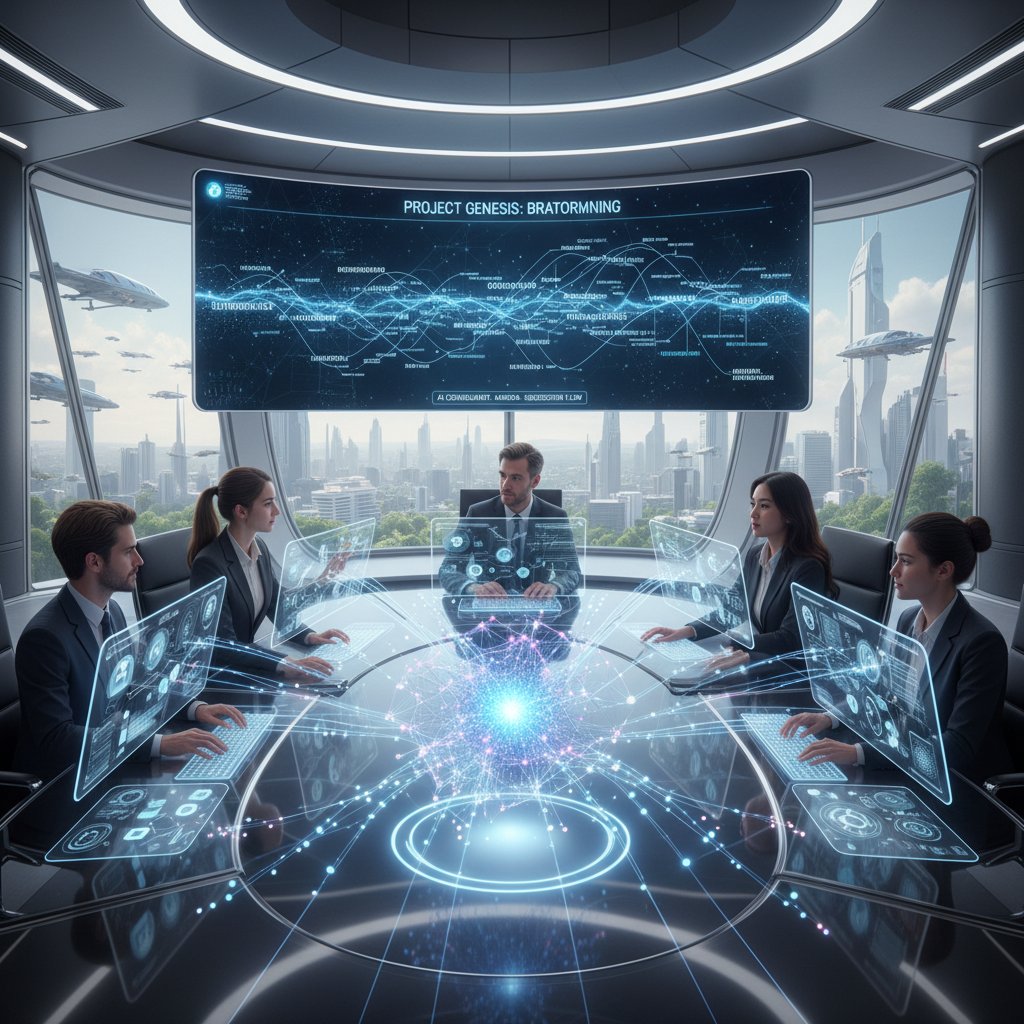 Zespół korzystający z konsultant.ai podczas burzy mózgów, ekran z interfejsem AI w centrum kadru