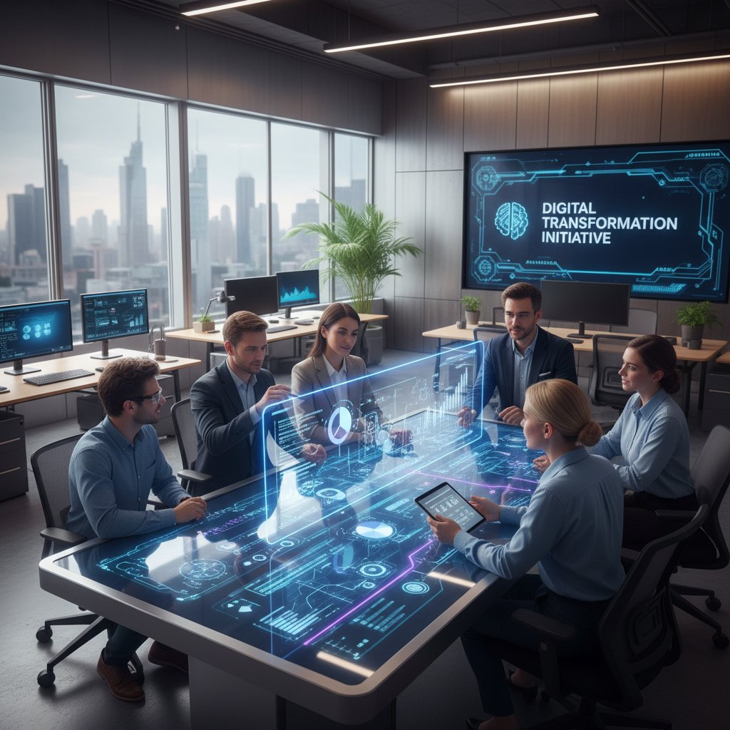 Zespół korzystający z automatycznych rekomendacji AI w nowoczesnym biurze