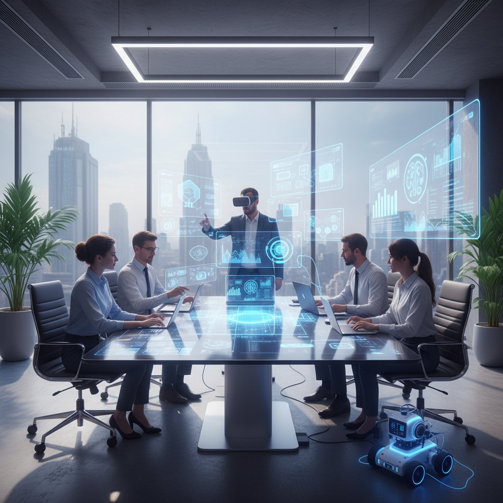 Zespół korzystający z różnych narzędzi AI w biurze, praca zespołowa i technologia