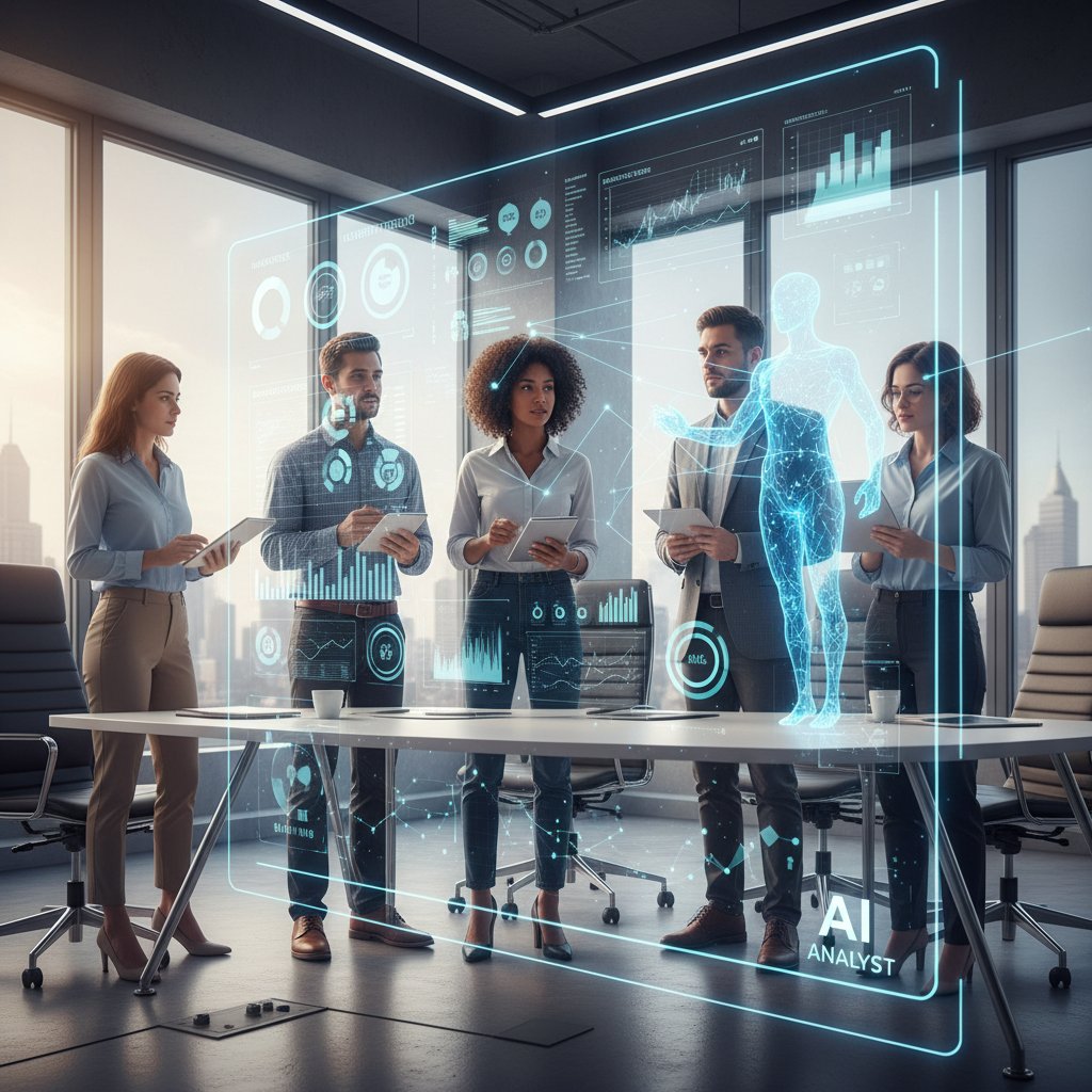Zespół korzystający z cyfrowego asystenta AI podczas wspólnej analizy danych projektowych
