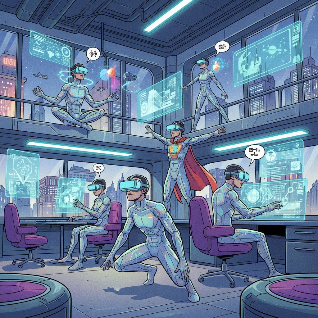 Zespół osób w goglach VR, komiksowe avatary na ekranach, futurystyczne biuro