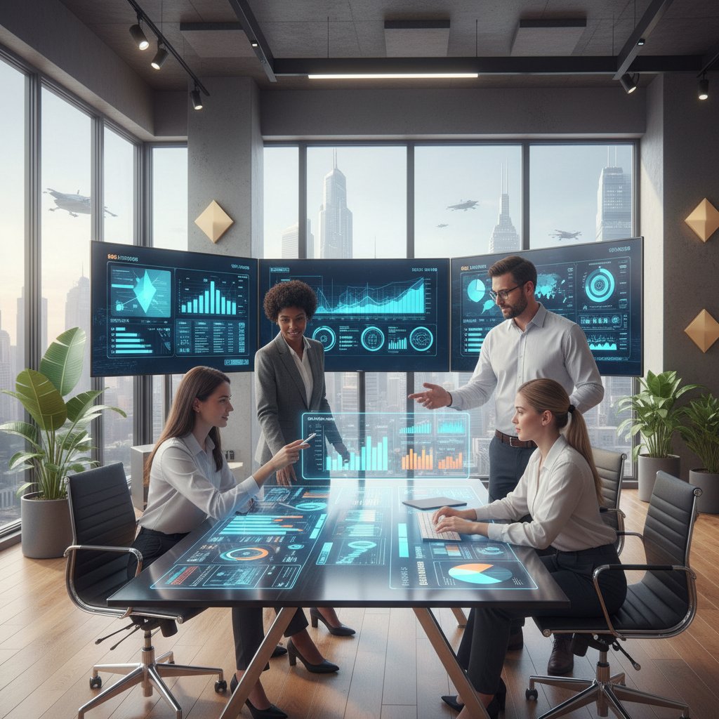 Zdjęcie zespołu pracującego z AI w nowoczesnym biurze, ekrany z interfejsem raportowym