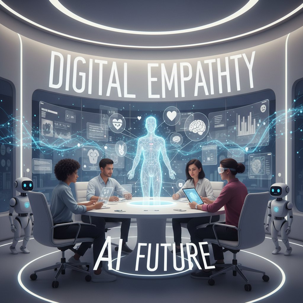 Zespół pracuje z AI w biurze, współpraca, empatia cyfrowa, przyszłość AI