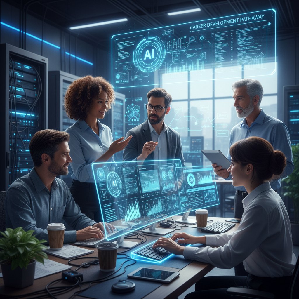 Zespół pracujący wspólnie przy komputerach, analizujący dane i uczący się nowych technologii AI