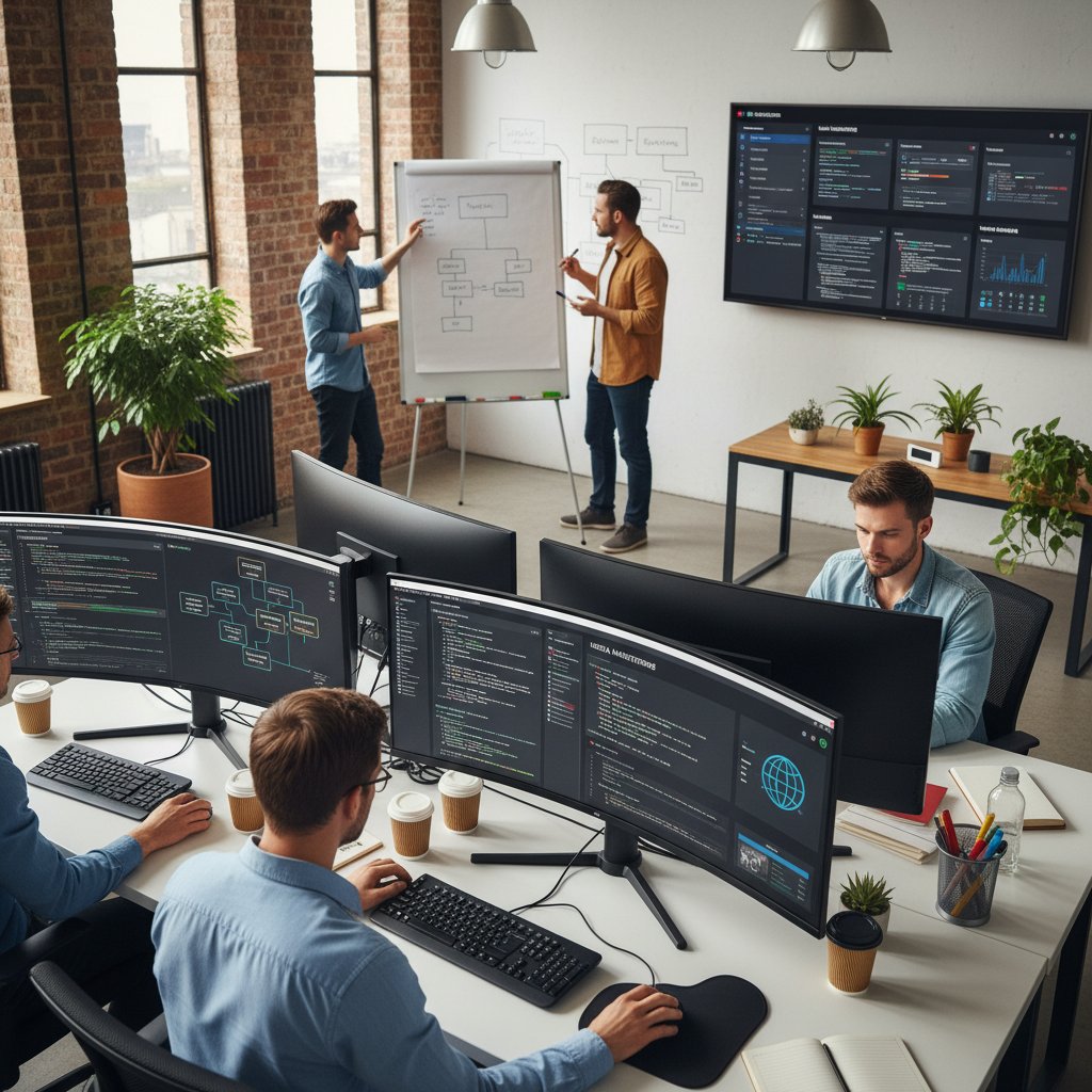 Zespół pracujący nad architekturą systemu monitorowania mediów, widoczne ekrany z kodem i dashboard