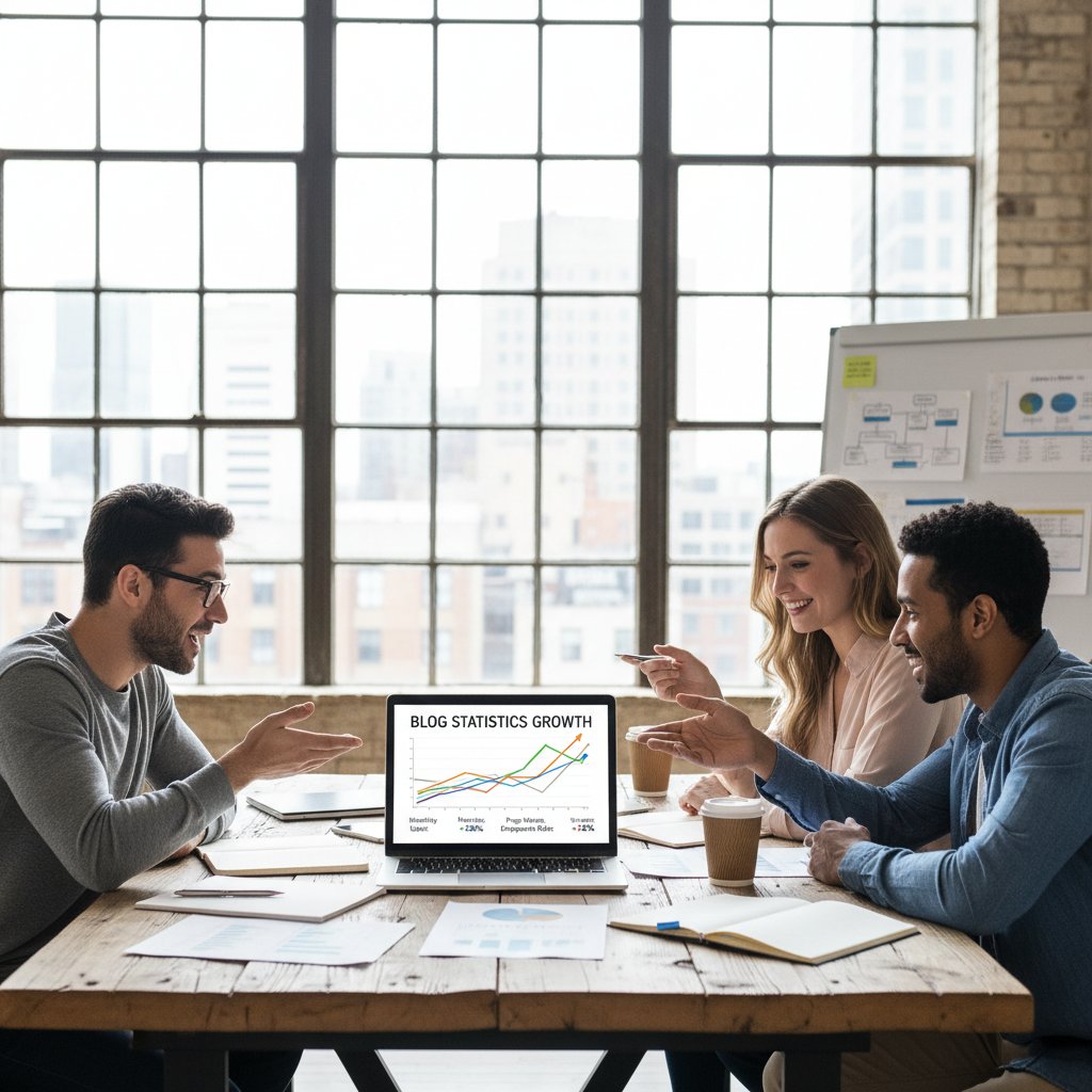 Zdjęcie zespołu pracującego wspólnie nad komputerami, na jednym z ekranów widać wykres wzrostów statystyk bloga