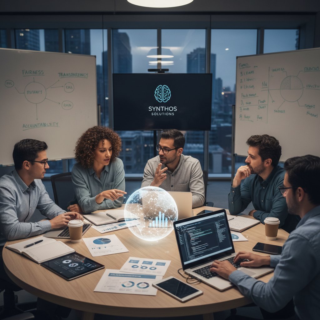 Zespół pracuje nad wdrażaniem zasad etycznych AI w firmie, wspólna analiza danych i dyskusja