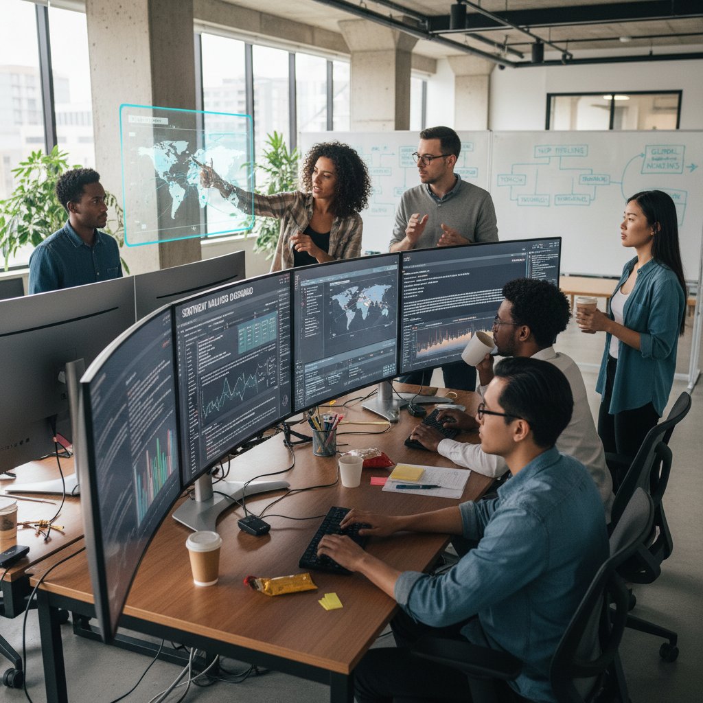 Zespół pracujący nad platformą AI, na ekranie komputera widoczne wykresy i analiza danych newsowych