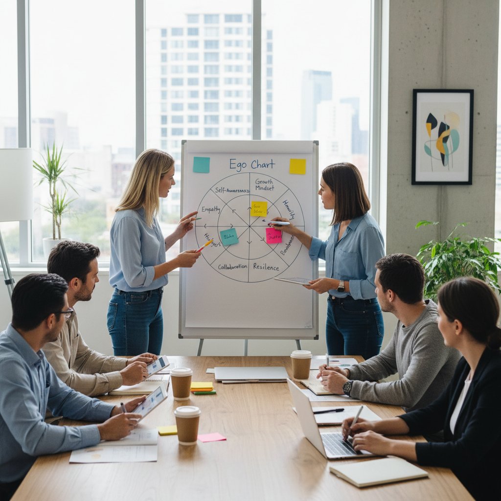 Zdjęcie zespołu pracującego nad rozwojem osobistym z widocznym wykresem ego w tle