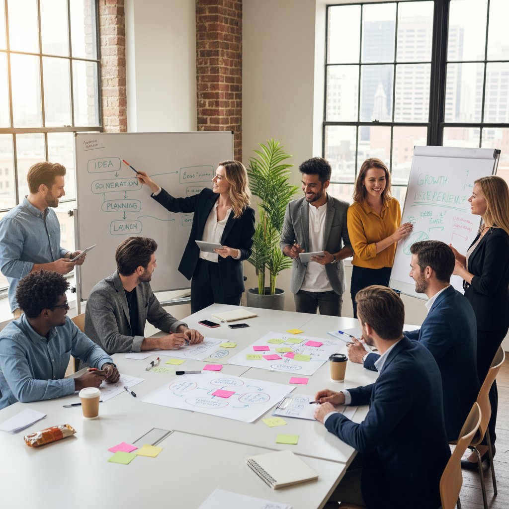 Zespół podczas warsztatów kreatywnych, słowa kluczowe: warsztaty, wdrożenie kreatywnej strategii