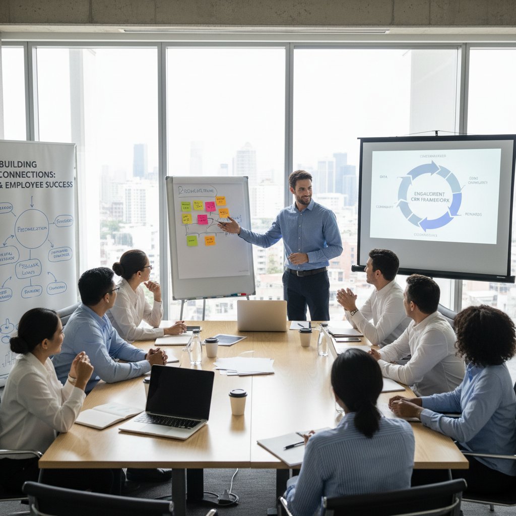 Zespół na warsztatach strategicznych, wspólna analiza procesu CRM, słowa kluczowe: zaangażowanie zespołu, wdrożenie CRM, warsztaty