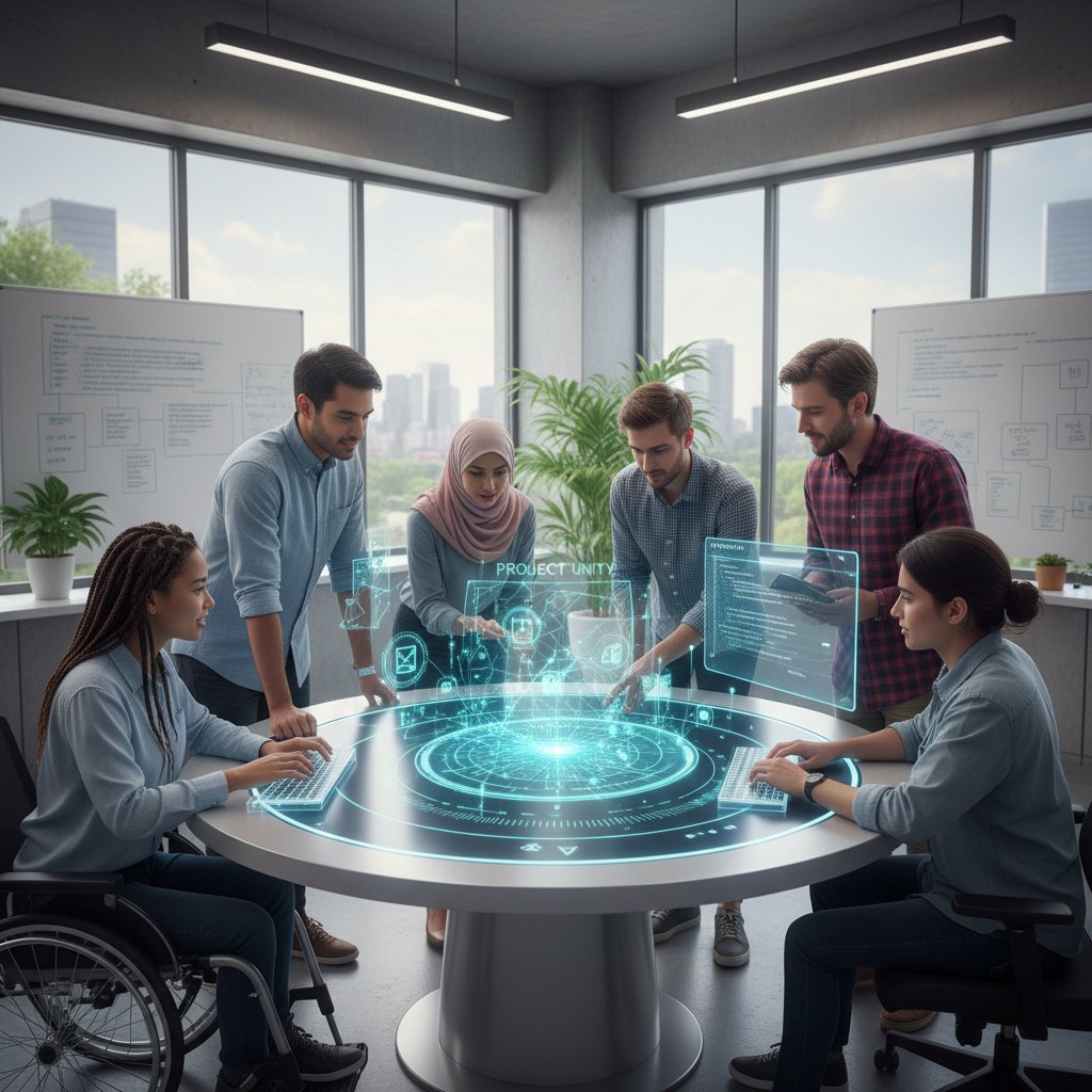 Praca zespołowa nad projektem AI, przedstawiająca różnorodność zawodów i współpracę