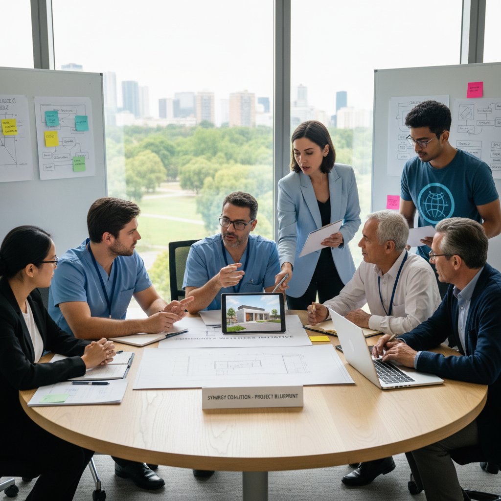 Zespół ludzi z różnych sektorów: biznes, NGO, edukacja, zdrowie, siedzący razem przy stole i omawiający wspólny projekt