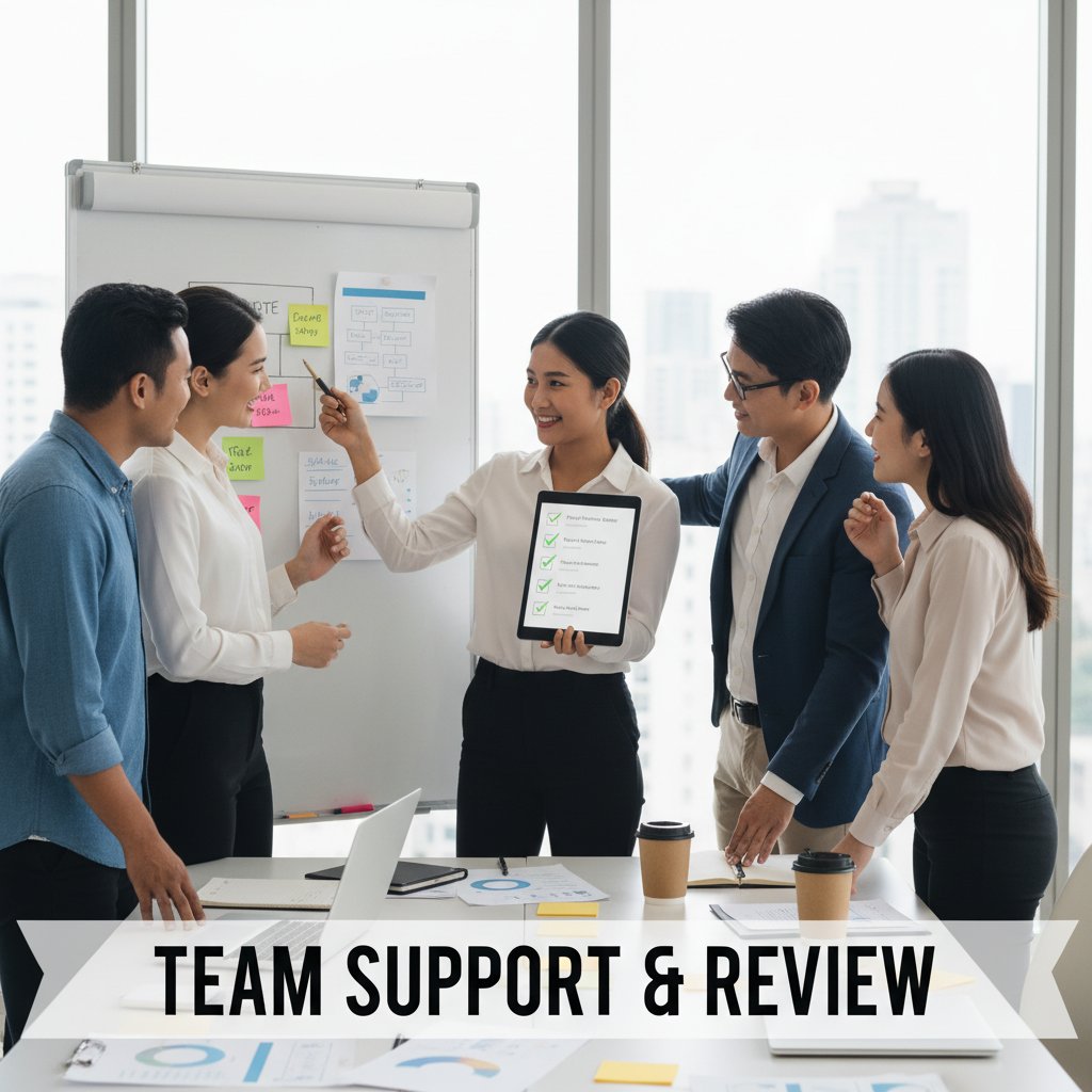 Team leader reviewing a checklist with their team, ensuring real support for collaboration and teamwork