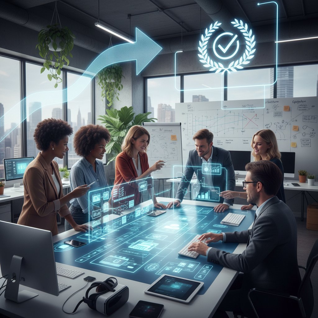 Zespół pracujący wspólnie przy biurku, ekrany z narzędziami contentowymi, atmosfera współpracy, sukces wdrożenia workflow